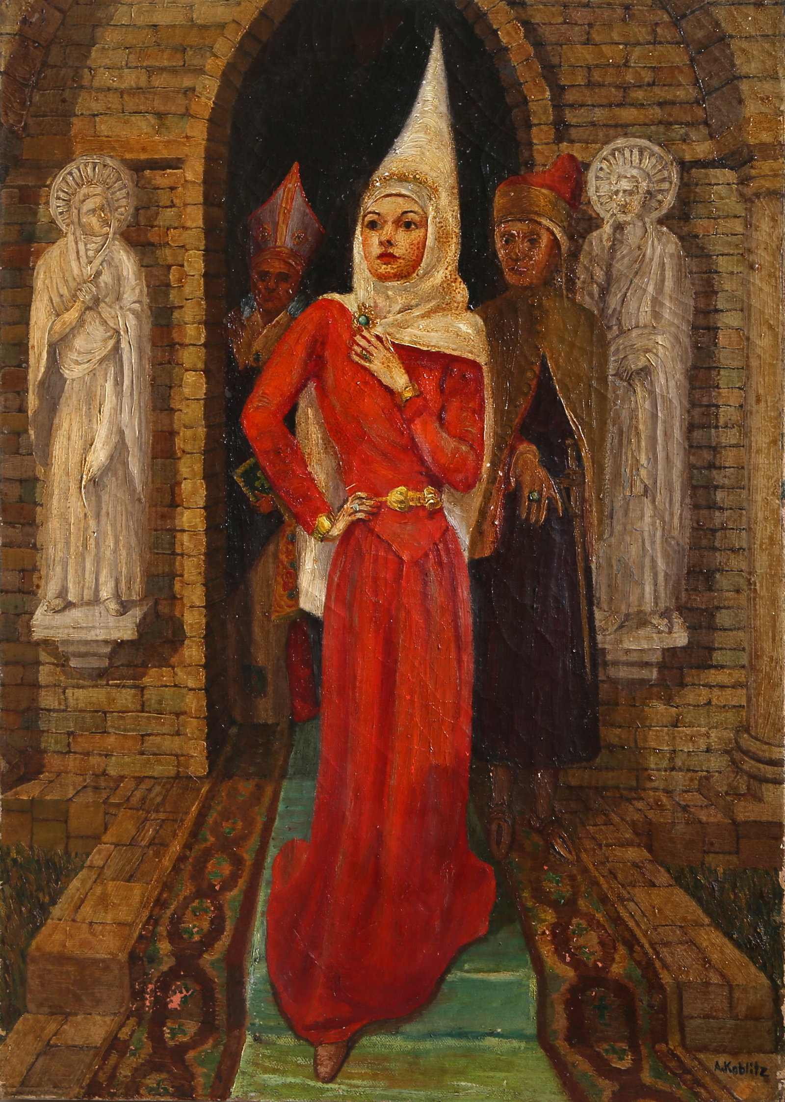 Arnold Koblitz, Woman Wearing a Hennin, Painting: Artist: Arnold Koblitz, Czech (1883 - 1933) Title: Woman Wearing a Hennin Year: circa 1910 Medium: Oil on Canvas, signed lower right Size: 24 x 17 in. (60.96 x 43.18 cm) Description: Woman Wearing a H