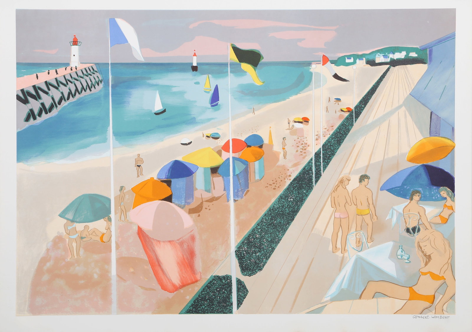 Georges Lambert, La Plage a Deauville, Lithograph: Artist: Georges Lambert, French (1919 - 1998) Title: La Plage a Deauville Year: circa 1977 Medium: Lithograph, signed and numbered in pencil Edition: 250 Image Size: 19 x 27.5 inches Size: 21 x 29.5 i
