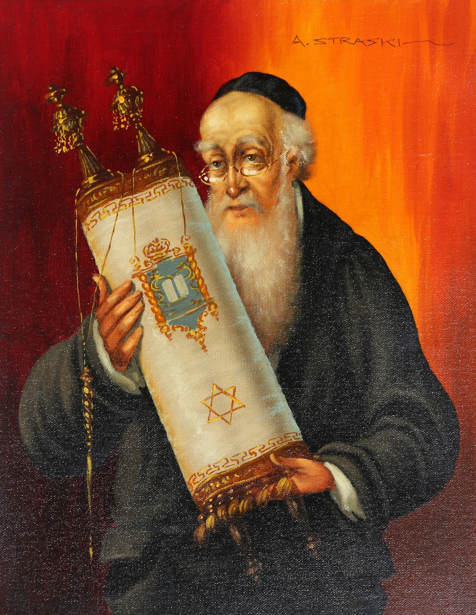 Abraham Straski, Rabbi with Torah, Oil Painting: Artist: Abraham Straski, Polish (1903 - 1987) Title: Rabbi with Torah (L) Year: circa 1959 Medium: Oil on Canvas, signed Image Size: 12 x 16 inches Size: 15 x 18 in. (38.1 x 45.72 cm)