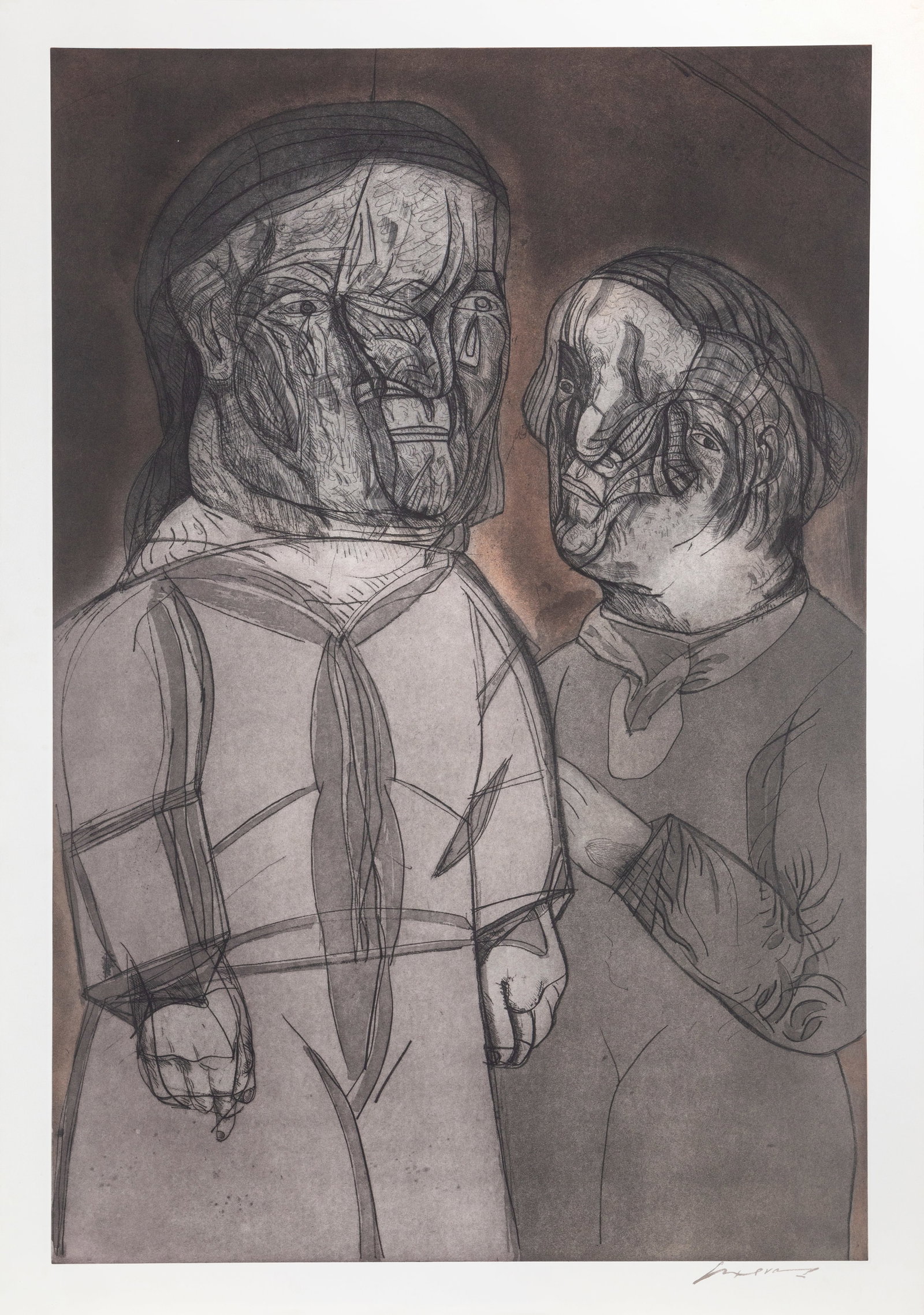 Jose Luis Cuevas, Justine y el Marquez de Sade, Etching: Artist: Jose Luis Cuevas, Mexican (1934 - 2017) Title: Justine y el Marquez de Sade from the Intolerance Portfolio Portfolio: Intolerance Year: 1989 Medium: Aquatint Etching, Signed and numbered in pe
