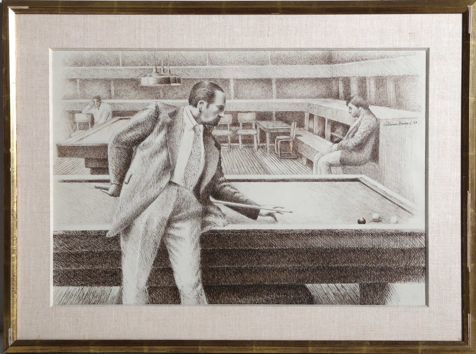 Saturnino Ramirez, Billard Player, Ink Drawing: Artist: Saturnino Ramirez, Colombian (1946 - 2002) Title: Billard Player Year: 1978 Medium: Ink Drawing on Paper, signed and dated upper right Size: 14.5 x 21.5 in. (36.83 x 54.61 cm) Frame Size: 20 x