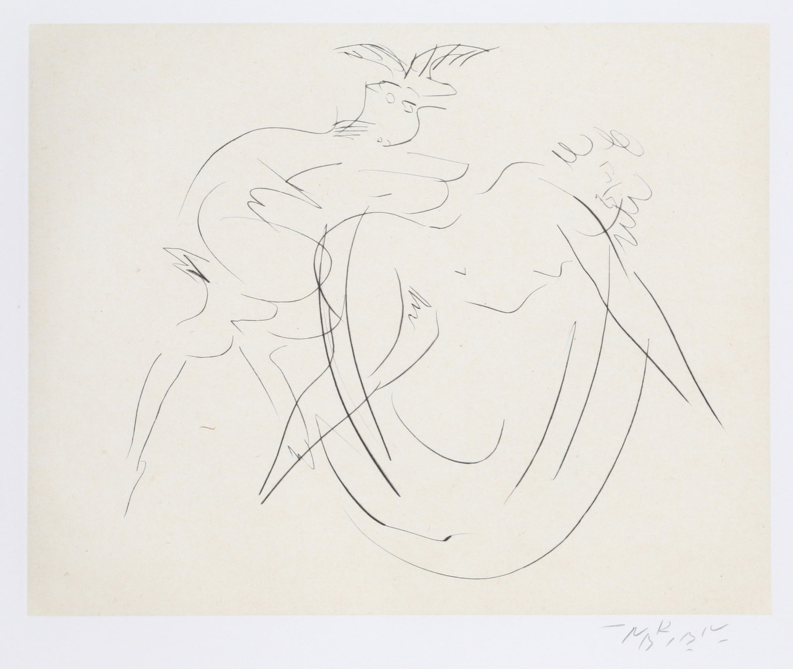 Reuben Nakian, Nymph and Goat 3 (Black), Drypoint Etching: Artist: Reuben Nakian, American (1897 - 1986) Title: Nymph and Goat 3 (Black) Year: 1979 Medium: Drypoint Etching with Chine Colle, signed and numbered in pencil Edition: XXV Size: 20 in. x 26 in. (50