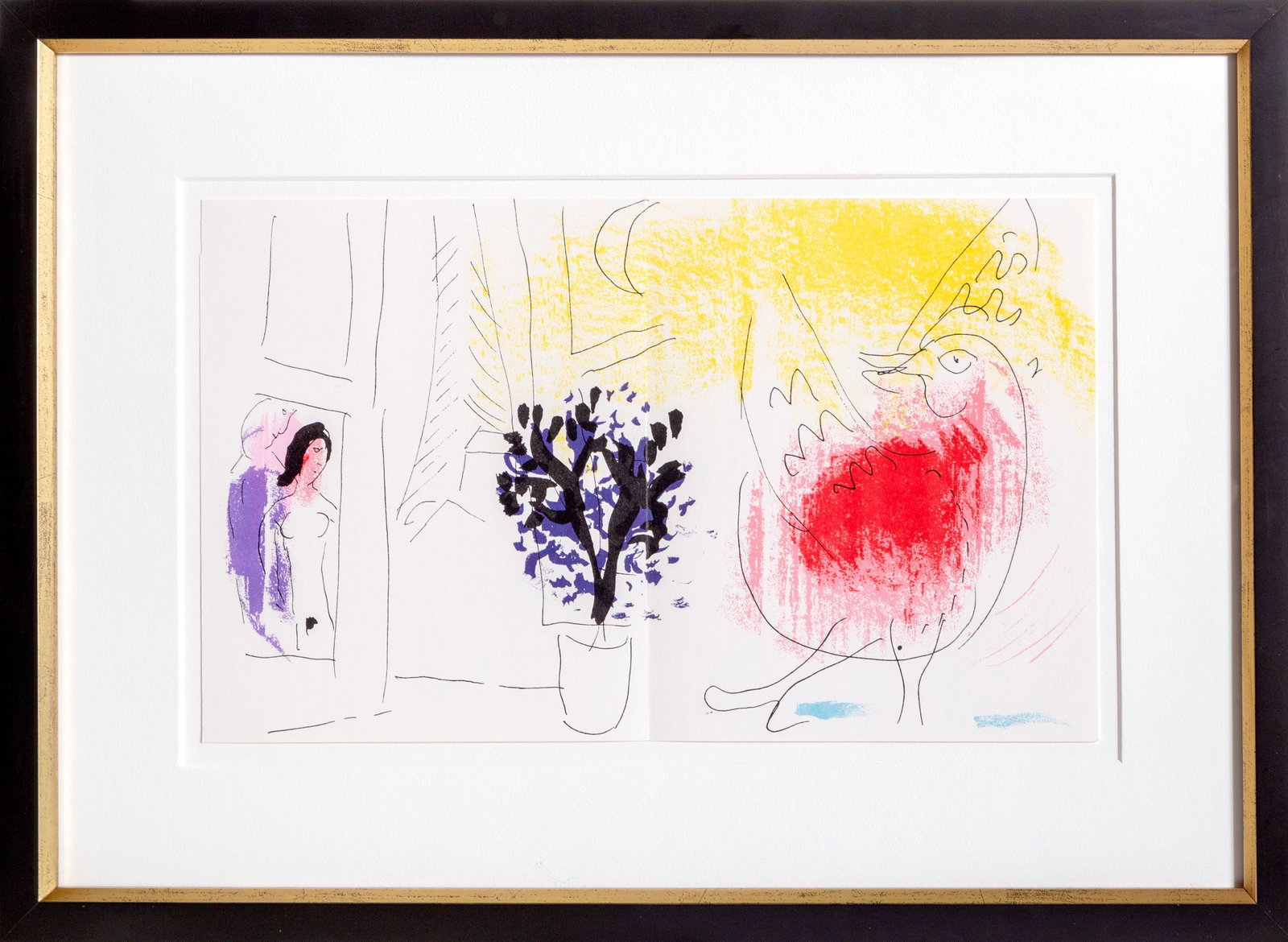 Marc Chagall, Le Coq Rouge, Lithograph: Artist: Marc Chagall, Russian (1887 - 1985) Title: Le Coq Rouge Year: 1957 Medium: Lithograph Edition: 6000 Size: 9 x 15.25 in. (22.86 x 38.74 cm) Frame Size: 15.5 x 22 inches Printer: Mourlot Paris P