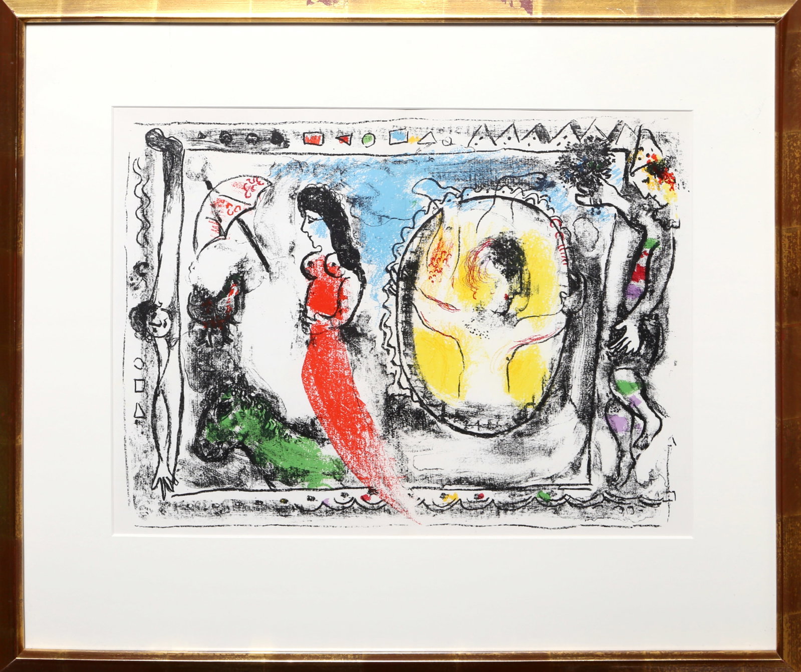 Marc Chagall, Femme avec Parapluie from Derriere Le Miroir, Lithograph: Artist: Marc Chagall, Russian (1887 - 1985) Title: Femme avec Parapluie from Derriere Le Miroir Year: 1964 Medium: Lithograph Image Size: 13.75 x 18.75 inches Size: 14.5 x 21.5 in. (36.83 x 54.61 cm) 