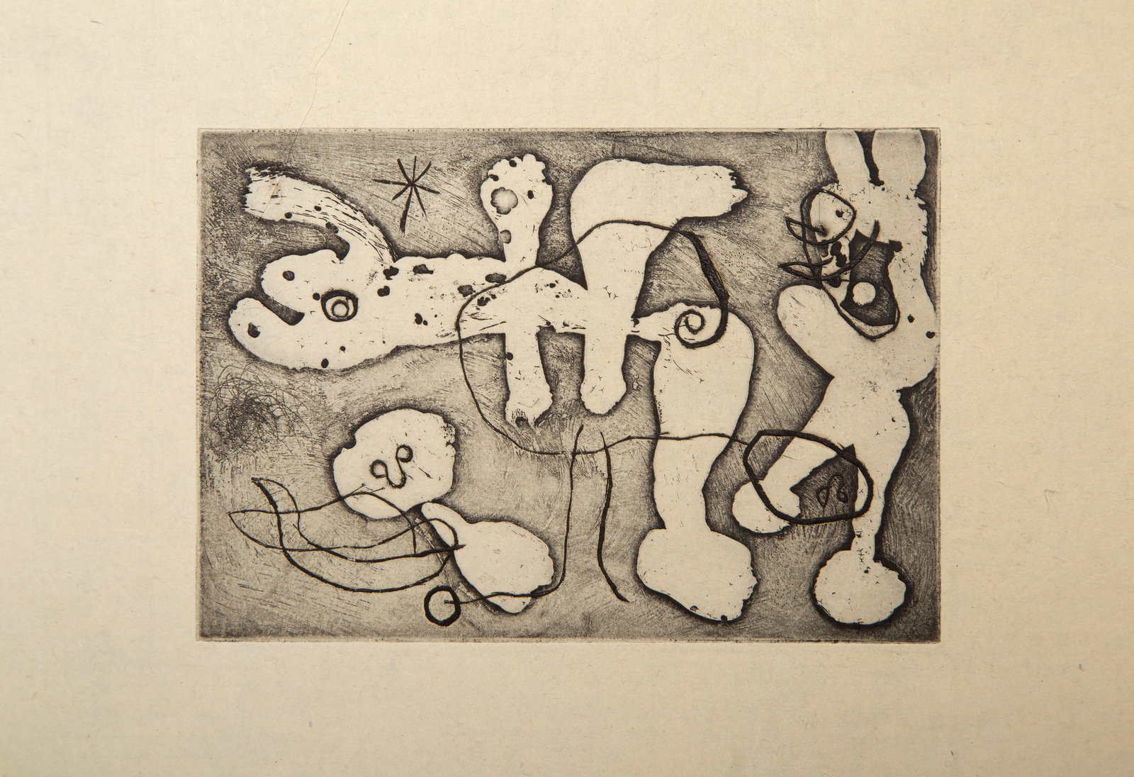 Joan Miro, Anti Platon (D 325), Etching: Artist: Joan Miro, Spanish (1893 - 1983) Title: Anti Platon (D 325) Year: 1962 Medium: Etching on pearl Japon Edition: 125 Image Size: 3.5 x 5 inches Size: 13 x 10.25 in. (33.02 x 26.04 cm) Printer: L