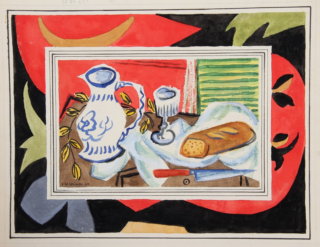 Laurent Marcel Salinas, Surreal Still Life in Red, Painting: A surreal vibrant still life with a loaf of bread, a glass and a pitcher of wine is dropped in the center of an abstract painting. Salinas, the master of many artist techniques, challenges us with the
