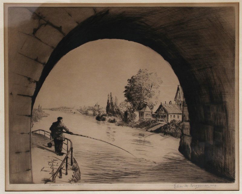 Elias M. Grossman, Fishing in Joinville, France, Etchin: Artist: Elias M. Grossman, American (1898 - 1947) Title: Fishing in Joinville, France Year: circa 1925 Medium: Etching, signed and titled in pencil Size: 11.5 in. x 14.5 in. (29.21 cm x 36.83 cm) Fram