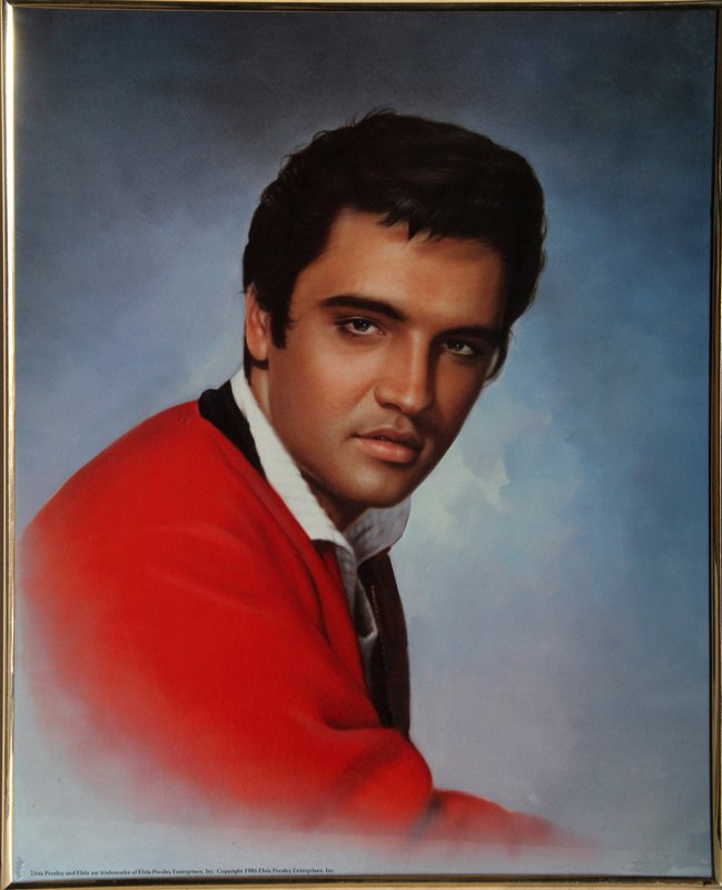Elvis in Red Sweater, Poster: Artist: Unknown Title: Elvis in Red Sweater Medium: Poster Size: 19.5 x 15.5 in. (49.53 x 39.37 cm) Frame Size: 20.25 x 16