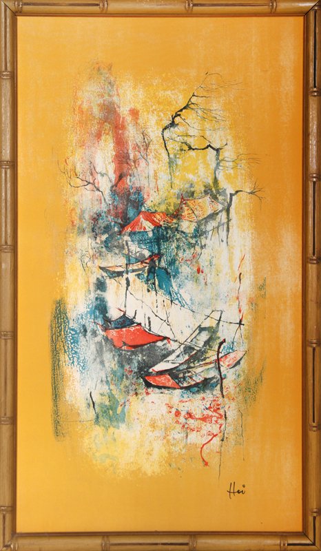 Hoi Lebadang, Untitled (Huts), Lithograph: Artist: Hoi Lebadang, Vietnamese (1922 - ) Title: Untitled (Huts) Year: circa 1970 Medium: Lithograph on Silken Cloth, Signed Size: 33 x 19 in. (83.82 x 48.26 cm) Frame Size: 35.5 x 20.5 inches