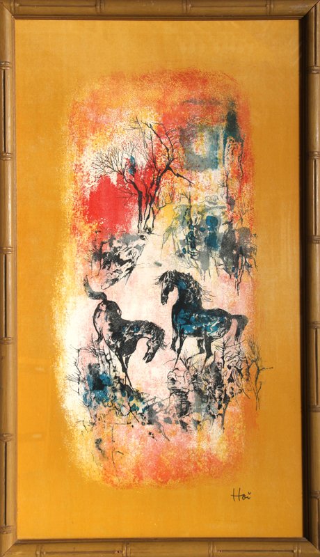 Hoi Lebadang, Untitled (Horses), Lithograph: Artist: Hoi Lebadang, Vietnamese (1922 - ) Title: Untitled (Horses) Year: circa 1970 Medium: Lithograph on Silken Cloth [Signed ] Size: 33 x 19 in. (83.82 x 48.26 cm) Frame Size: 35.5 x 20.5 inches