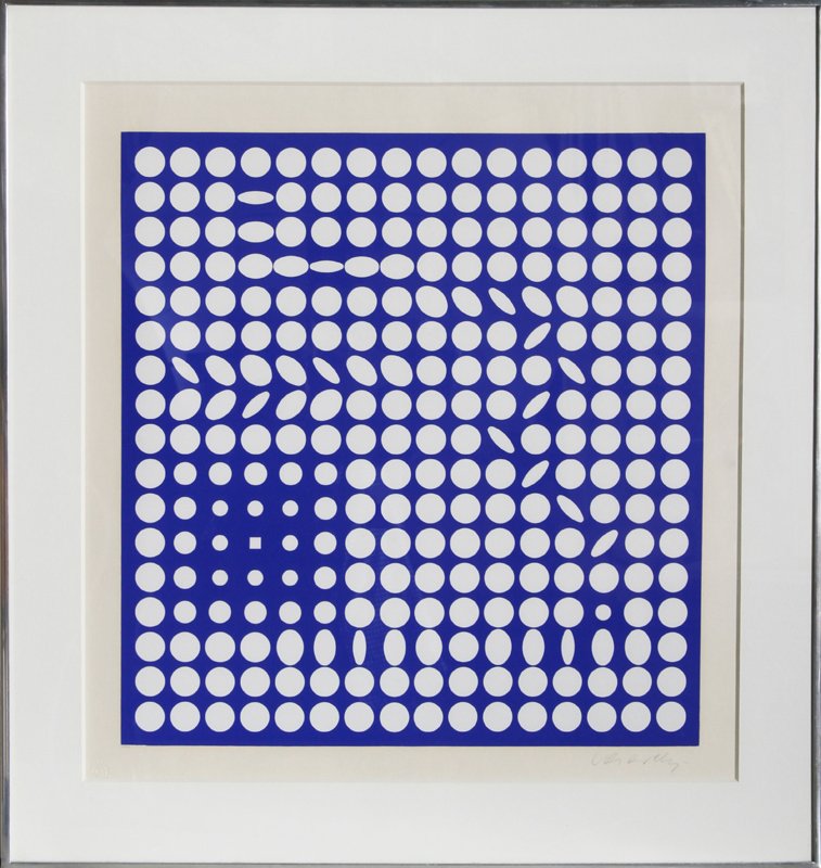 Victor Vasarely, Betelgeuse (Blue), Silkscreen: Artist: Victor Vasarely, Hungarian (1908 - 1997) Title: Betelgeuse (Blue) Year: circa 1965 Medium: Silkscreen, signed and numbered in pencil Edition: 49/50 Image Size: 20.5 x 19.5 inches Frame Size: 2
