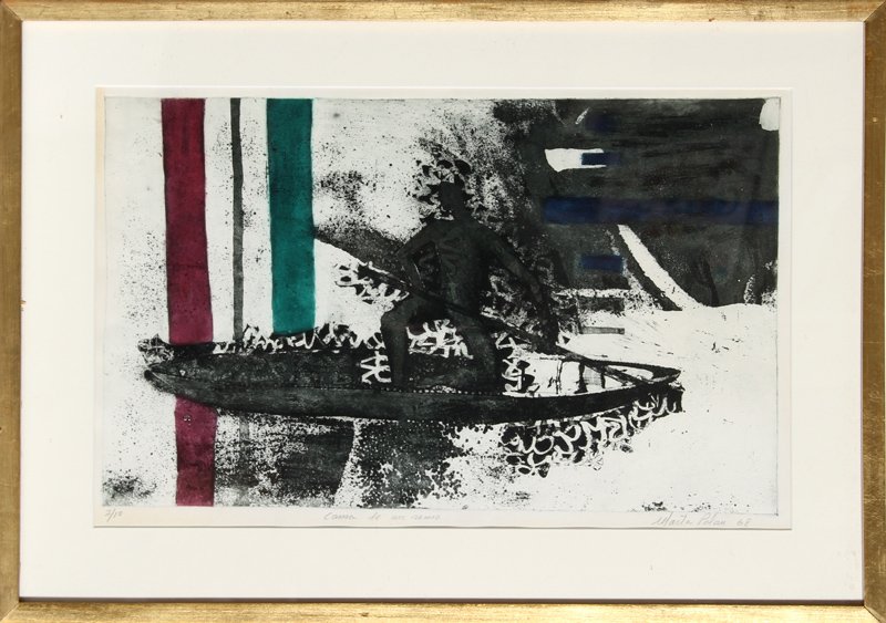Marta Palau, Canoa en un remo, Aquatint Etching: Artist: Marta Palau, Spanish/Mexican (1934 - ) Title: Canoa en un remo Year: 1968 Medium: Aquatint Etching, Signed and numbered in pencil Edition: 2/10 Image Size: 10.5 x 17.5 inches Frame Size: 16 x 
