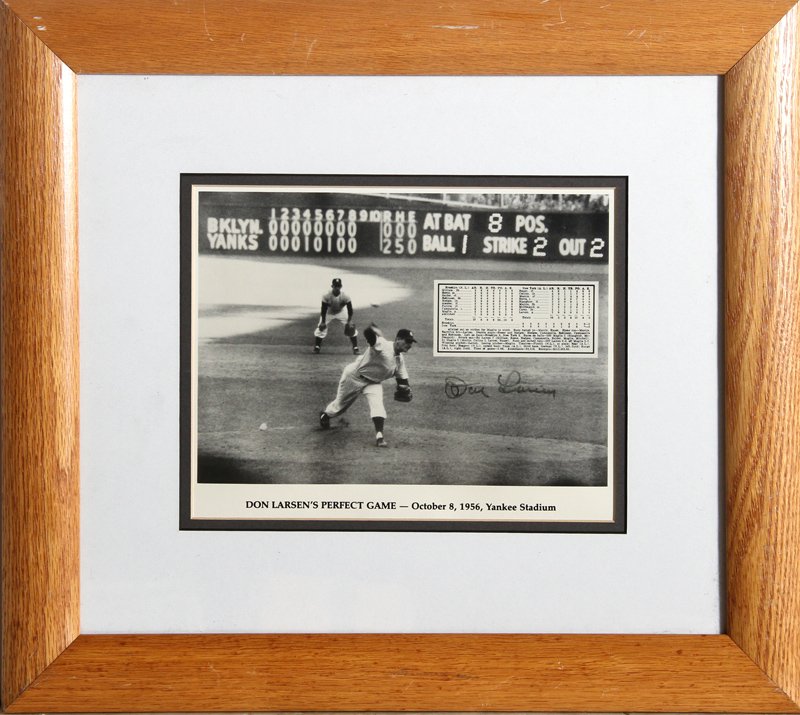 Don Larson's Perfect Game at Yankee Stadium, 1956 Print: Artist: Unknown Title: Don Larson's Perfect Game at Yankee Stadium Medium: Print, signed in marker by Don Larsen Image Size: 7.5 x 9.25 inches Frame Size: 16 x 18 inches