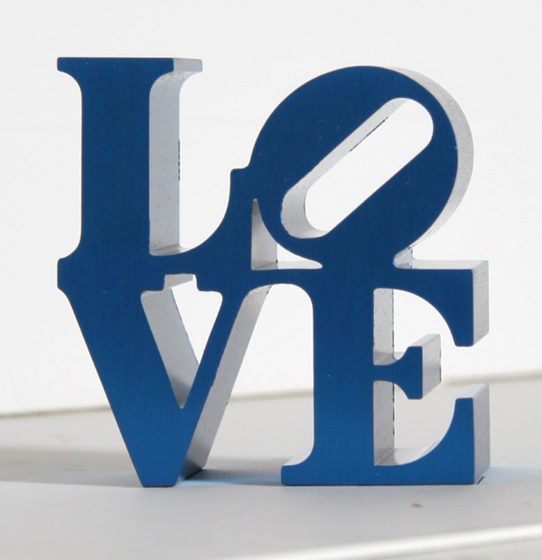Robert Indiana, LOVE - Blue, Aluminum Sculpture: Artist: Robert Indiana, American (1928 - ) Title: LOVE - Blue Medium: Aluminum Sculpture Size: 3.5 in. x 3 in. x 2 in. (8.89 cm x 7.62 cm x 5.08 cm)