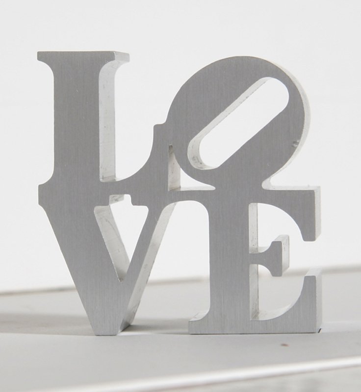 Robert Indiana, LOVE - Silver, Aluminum Sculpture: Artist: Robert Indiana, American (1928 - ) Title: LOVE - Silver Medium: Aluminum Sculpture Size: 3.5 in. x 3 in. x 2 in. (8.89 cm x 7.62 cm x 5.08 cm)