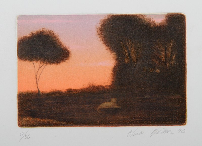 Chris Pfister, Sunset, Color Etching: Artist: Chris Pfister Title: Sunset Year: 1990 Medium: Color Etching, signed and numbered in pencil Edition: 17/36 Image Size: 4 x 6 inches Size: 8.25 x 10 in. (20.96 x 25.4 cm)