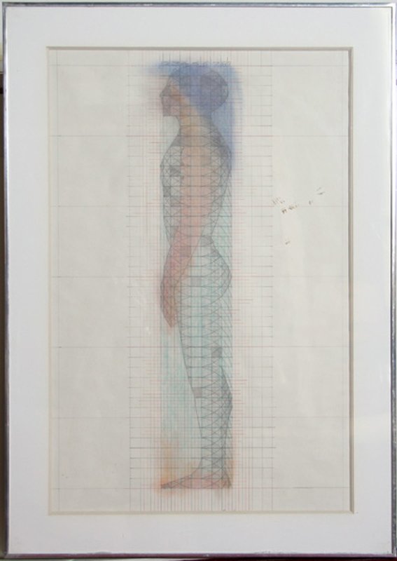 John Ford, Man in a Grid, Mixed Media Artwork: Artist: John Ford Title: Man in a Grid Year: 1977 Medium: Mixed Media, Pencil, Pen, with Pastel, signed in pencil l.r. Size: 38 in. x 21 in. (96.52 cm x 53.34 cm) Frame Size: 41 x 29 inches