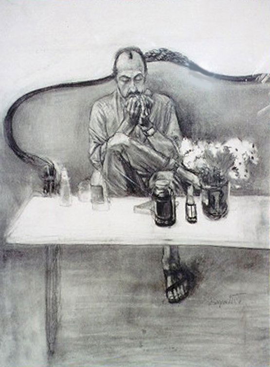 Byron Goto, Portrait of Man on Antique Couch, Charcoal: Artist: Byron Goto, American (1919 - ) Title: untitled 2 Year: circa 1975 Medium: Charcoal on Paper, signed Size: 56 x 44 in. (142.24 x 111.76 cm)