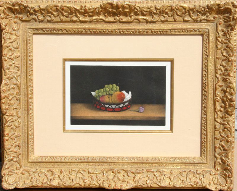 Tomoe Yokoi, Grapes and Peaches, Mezzotint: Artist: Tomoe Yokoi, Japanese (1942 - ) Title: Grapes and Peaches Year: circa 1985 Medium: Mezzotint on BFK Rives, Signed in Pencil Image Size: 7 x 10.5 inches Size: 13 in. x 17 in. (33.02 cm x 43.18