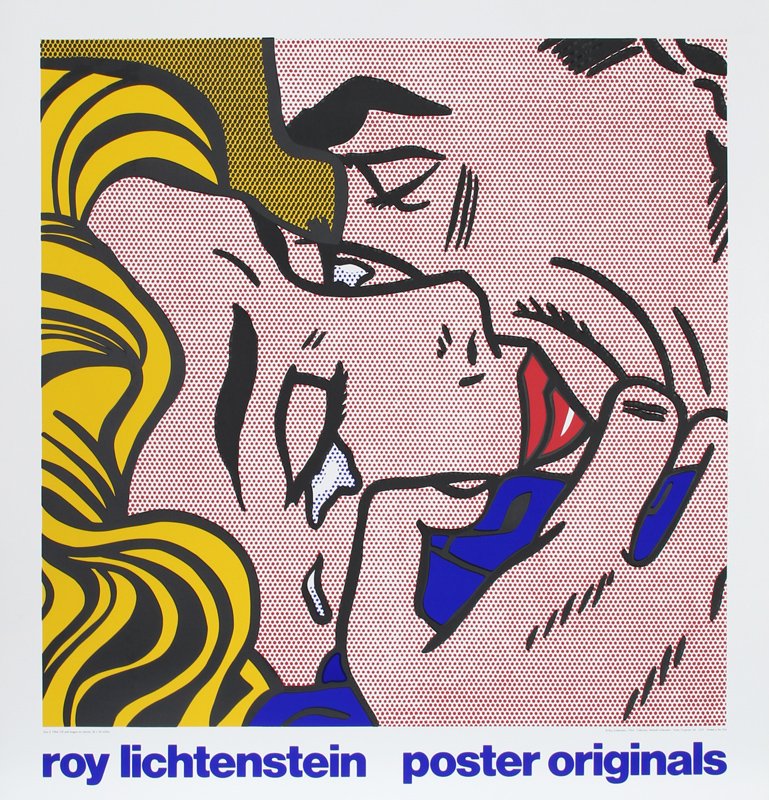 Roy Lichtenstein, Kiss V, Serigraph Poster: Artist: Roy Lichtenstein, American (1923 - 1997) Title: Kiss V Year: 1980 Medium: Serigraph Poster Size: 36 in. x 36 in. (91.44 cm x 91.44 cm)