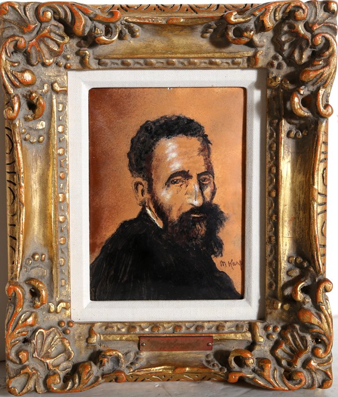 Max Karp, Portrait of Michelangelo, Enamel on Copper: Artist: Max Karp, American (1916 - ) Title: Portrait of Michelangelo Medium: Enamel on Copper, signed Size: 10 x 8 in. (25.4 x 20.32 cm) Frame Size: 13 x 11 inches