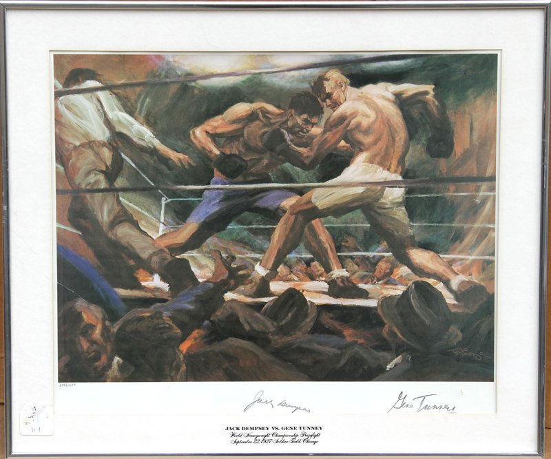 Gustav Rehberger, Jack Dempsey vs. Gene Tunney,: Artist: Gustav Rehberger, American (1910 - 1995) Title: Jack Dempsey vs. Gene Tunney Year: 1974 Medium: Lithograph, signed and numbered in pencil, Autographed by both boxers Edition: 209/1500 Image Si