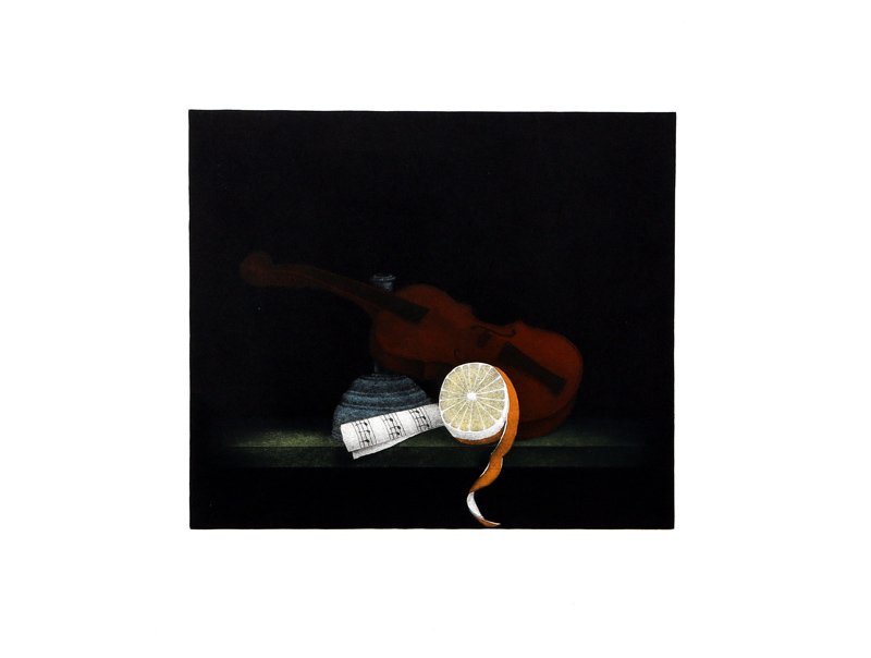 Tomoe Yokoi, Violin and Orange, Mezzotint: Artist: Tomoe Yokoi, Japanese (1942 - ) Title: Violin and Orange Medium: Mezzotint, signed and numbered in pencil Image Size: 12 x 13.5 inches Size: 20 x 26 in. (50.8 x 66.04 cm)