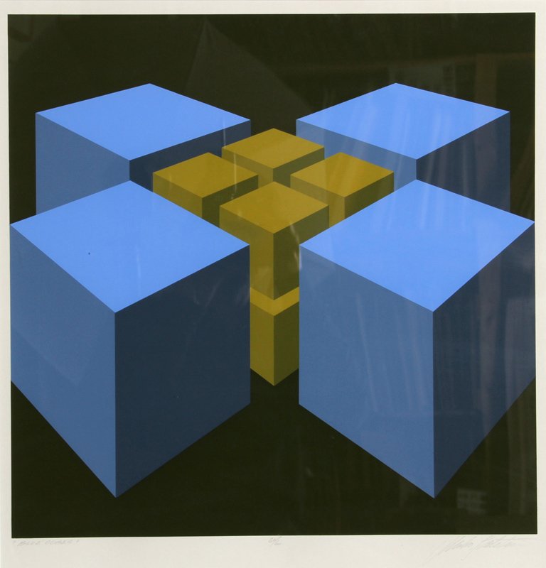 Marko Spalatin, Blue Cubes, Serigraph: Artist: Marko Spalatin, American (1945 - ) Title: Blue Cubes Year: circa 1970 Medium: Serigraph, signed and numbered in pencil Edition: 60/60 Size: 18 x 17.5 in. (45.72 x 44.45 cm)