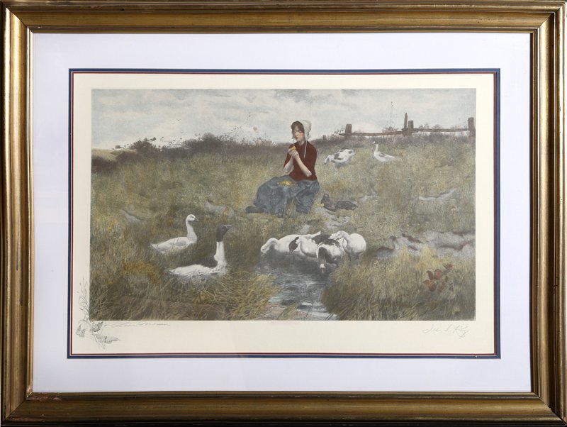 Leon Moran, Maiden With Geese, Etching: Artist: Leon Moran, American (1864 - 1941) Title: Maiden With Geese Medium: Etching, signed in pencil Image Size: 17.25 x 28.5 inches Frame Size: 31 x 41 inches
