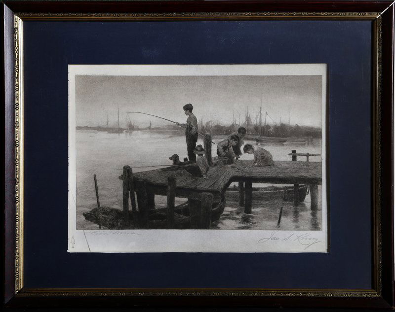 Leon Moran, Young Anglers, Etching: Artist: Leon Moran, American (1864 - 1941) Title: Young Anglers Year: 1886 Medium: Etching, signed in pencil Image Size: 11.5 x 18 inches Frame Size: 22.5 x 28 inches