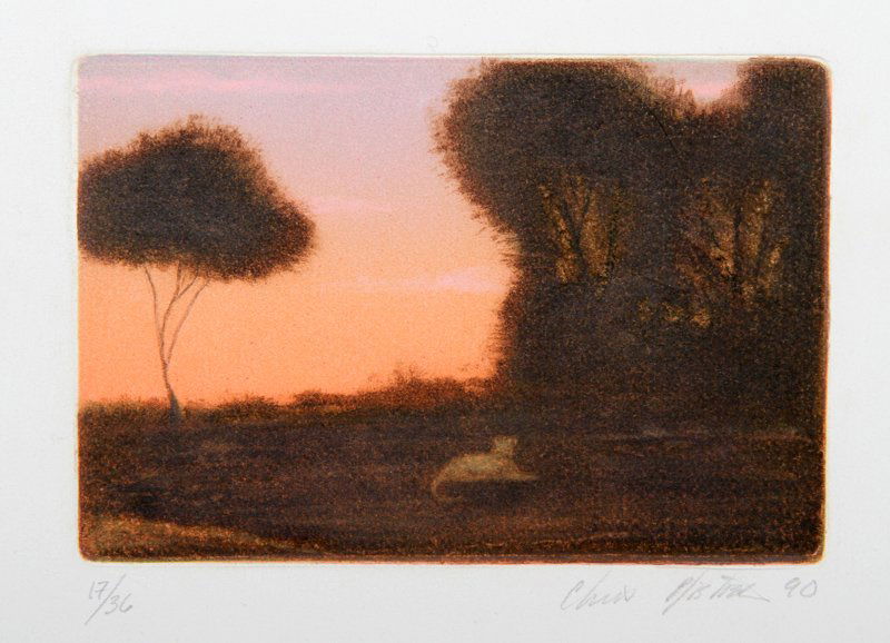 Chris Pfister, Sunset, Color Etching: Artist: Chris Pfister, American (1957 - ) Title: Sunset Year: 1990 Medium: Color Etching, signed and numbered in pencil Edition: 17/36 Image Size: 4 x 6 inches Size: 8.25 x 10 in. (20.96 x 25.4 cm)