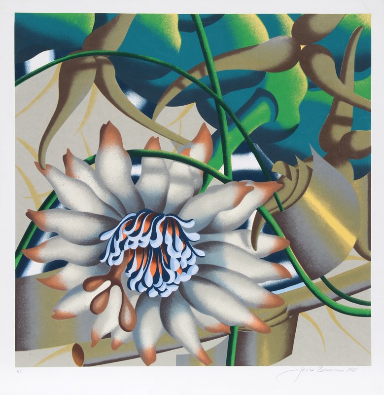 Jack Brusca, Morning Flower, Serigraph: Artist: Jack Brusca, American (1939 - 1993) Title: Morning Flower Year: 1981 Medium: Serigraph, Signed and numbered in pencil Edition: 200 Image Size: 24 x 24 inches Size: 27 in. x 26 in. (68.58 cm x