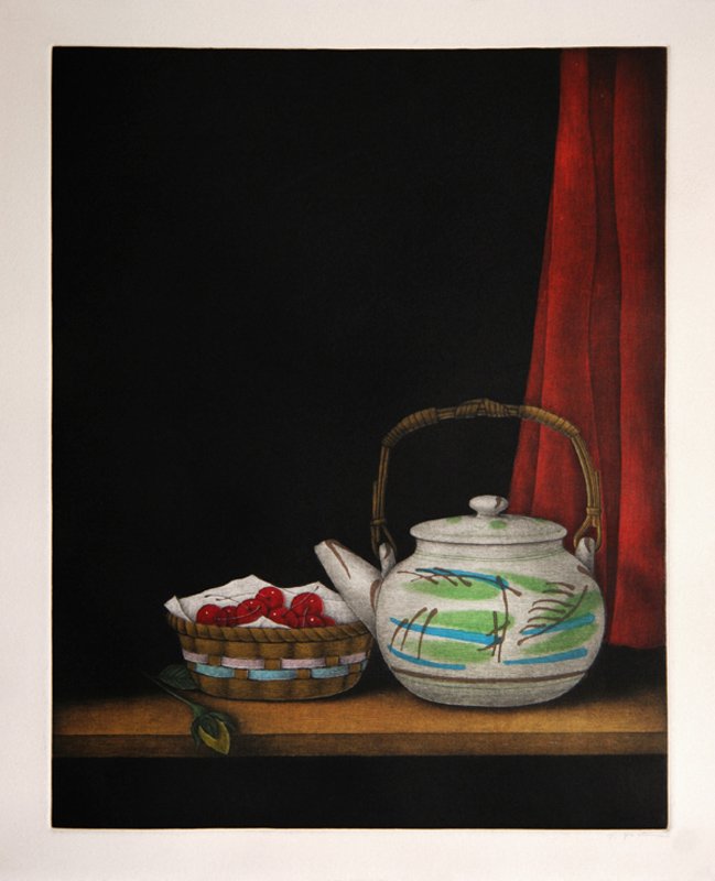 Tomoe Yokoi, Cherries and Teapot, Mezzotint: Artist: Tomoe Yokoi, Japanese (1942 - ) Title: Cherries and Teapot Year: Circa 1985 Medium: Mezzotint on BFK Rives, Signed in Pencil Size: 16.5 x 13.5 in. (41.91 x 34.29 cm)