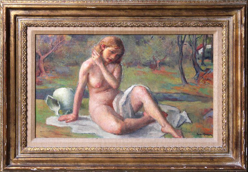 Robert Brackman, Late Summer (Nude), Oil Painting: Artist: Robert Brackman, Ukrainian/American (1898 - 1980) Title: Late Summer (Nude) Medium: Oil on Canvas, signed l.r. Size: 11.5 in. x 19.5 in. (29.21 cm x 49.53 cm)