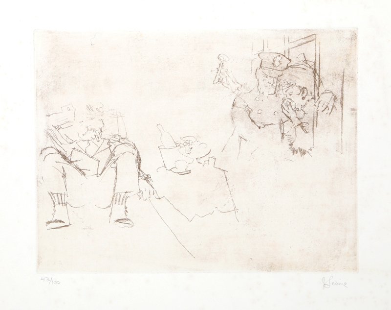 Jack Levine, Dreigroschenfilm 10, Soft Ground Etching: Artist: Jack Levine, American (1915 - 2010) Title: Dreigroschenfilm 10 Year: 1967 Medium: Soft Ground Etching, Signed and numbered in Pencil Edition: 43/100 Size: 14 x 18 in. (35.56 x 45.72 cm)