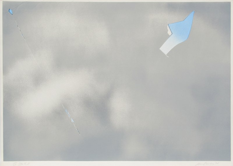 Joe Goode, Torn Clouds, Lithograph with collage: Artist: Joe Goode, American (1937 - ) Title: Torn Clouds Year: 1974 Medium: Lithograph with collage, signed and numbered in pencil Edition: 11/25 Size: 30 in. x 41 in. (76.2 cm x 104.14 cm)