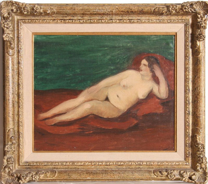 Andre Derain, Reclining Nude, Oil Painting: Artist: Andre Derain, French (1880 - 1954) Title: Reclining Nude Year: Circa 1925 Medium: Oil on Canvas Size: 15 in. x 18 in. (38.1 cm x 45.72 cm) Frame Size: 22 x 25 inches Includes a Certificate of