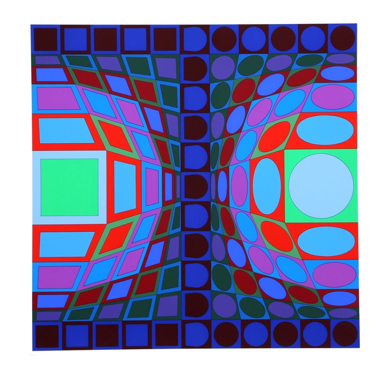 Victor Vasarely, Viva, Serigraph: Artist: Victor Vasarely, Hungarian (1908 - 1997) Title: Viva Year: 1978 Medium: Serigraph, signed and numbered in pencil Edition: 99/250 Image Size: 31 x 31 inches Size: 38 x 38 in. (96.52 x 96.52 cm)