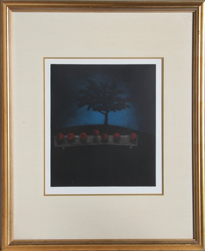 Tomoe Yokoi, Cherries T, Mezzotint: Artist: Tomoe Yokoi, Japanese (1942 - ) Title: Cherries T Medium: Mezzotint, signed and numbered in pencil Edition: 40/100 Image Size: 13.5 x 11.5 inches Frame Size: 27.5 x 22.5 inches