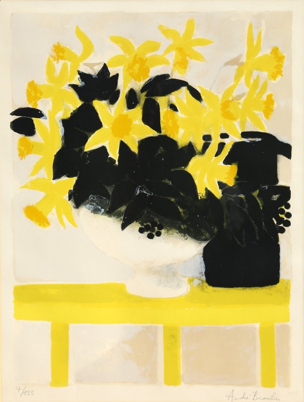 Andre Brasilier, Yellow Flowers, Lithograph: Artist: Andre Brasilier, French (1929 - ) Title: Yellow Flowers Year: circa 1970 Medium: Lithograph, signed and numbered in pencil Edition: 7/125 Image Size: 24 x 18 inches Frame Size: 31.5 x 28 inche