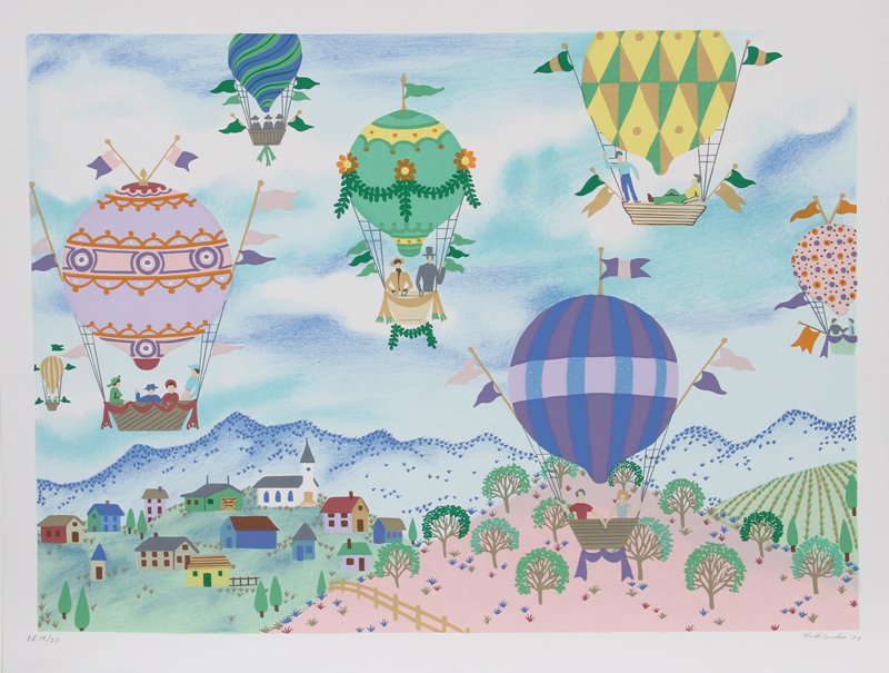Jack Hofflander, Country Balloon Fair, Serigraph: Artist: Jack Hofflander, American (1920 - 2003) Title: Country Balloon Fair Year: 1980 Medium: Serigraph, signed and numbered in pencil Edition: 250, AP 30 Image Size: 22 x 30 inches Size: 26 in. x 34