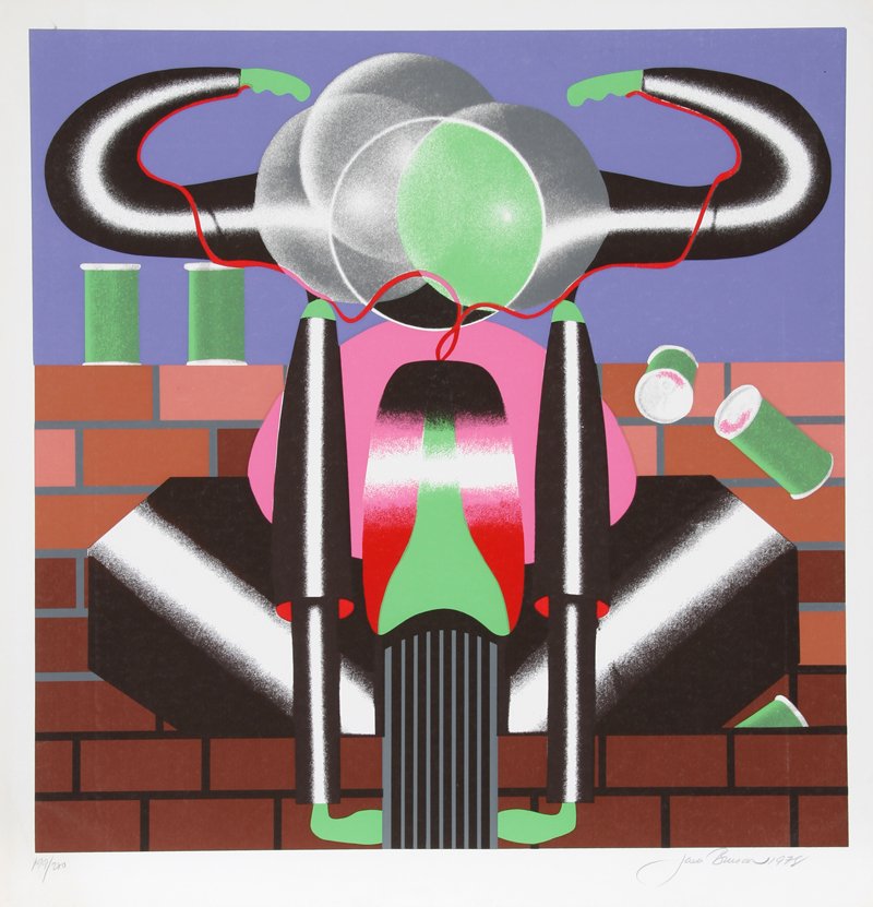 Jack Brusca, Ride, Serigraph: Artist: Jack Brusca, American (1939 - 1993) Title: Ride Year: 1978 Medium: Serigraph, signed and numbered in pencil Edition: 200 Image Size: 24 x 24 inches Size: 26 in. x 27 in. (66.04 cm x 68.58 cm)