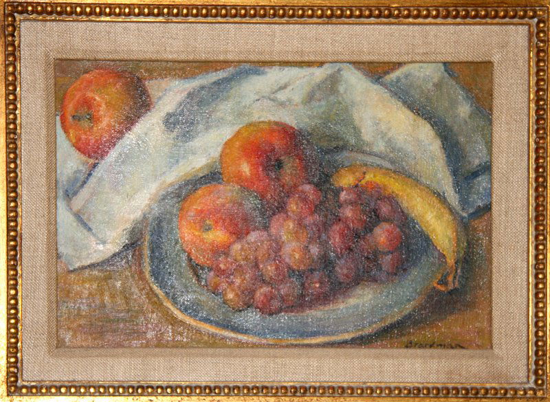 Robert Brackman, A Plate of Fruit, Oil Painting: Artist: Robert Brackman, Ukrainian/American (1898 - 1980) Title: A Plate of Fruit Medium: Oil on Canvas, signed l.r. Size: 7.5 in. x 11.5 in. (19.05 cm x 29.21 cm)