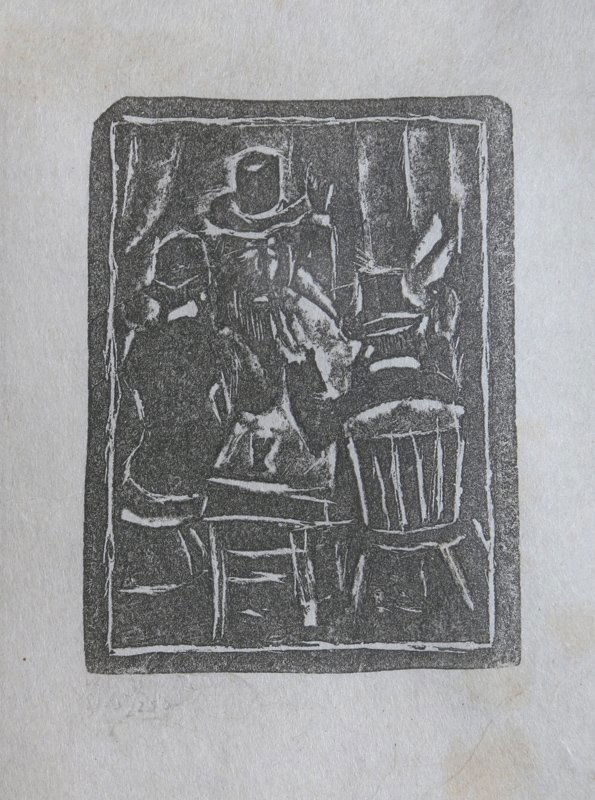 Max Weber, Three Seated Men, Woodcut: Artist: Max Weber, Russian/American (1881 - 1961) Title: Three Seated Men Year: 1920 Medium: Woodcut Edition: 225 Image Size: 3.5 x 2.5 inches Frame Size: 17 x 12 inches
