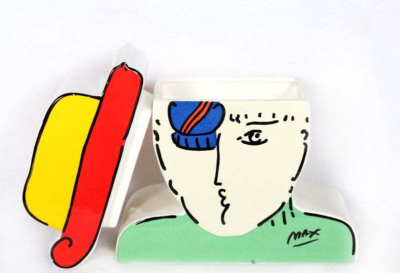 Peter Max, Zero, Ceramic Cookie Jar: Artist: Peter Max, German/American (1937 - ) Title: Zero Year: 1989 Medium: Ceramic Cookie Jar Size: 8.5 in. x 8 in. x 4 in. (21.59 cm x 20.32 cm x 10.16 cm)