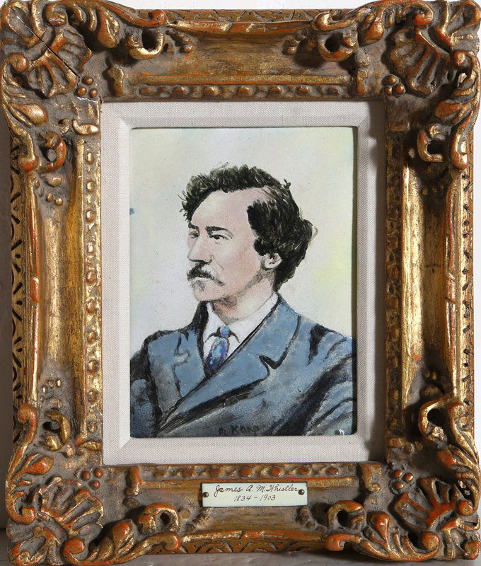 Max Karp, Portrait of Whistler, Enamel on Copper: Artist: Max Karp, American (1916 - ) Title: Portrait of Whistler Medium: Enamel on Copper, signed Size: 10 x 8 in. (25.4 x 20.32 cm) Frame Size: 13 x 11 inches