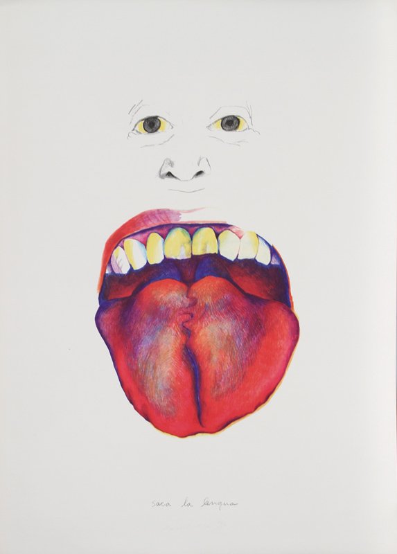 Marisol Escobar, Saca la Lengua from the Peace: Artist: Marisol Escobar, French/Venezuelan (1930 - ) Title: Saca la Lengua from the Peace Portfolio Year: 1972 Medium: Lithograph on Arches, Signed and numbered in pencil Edition: 76/150 Size: 41 in.