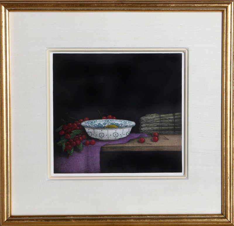 Tomoe Yokoi, Cherries and Asparagus, Mezzotint: Artist: Tomoe Yokoi, Japanese (1942 - ) Title: Cherries and Asparagus Medium: Mezzotint, signed and numbered in pencil Edition: 87/100 Image Size: 11.5 x 12.5 inches Frame Size: 22.5 x 23 inches