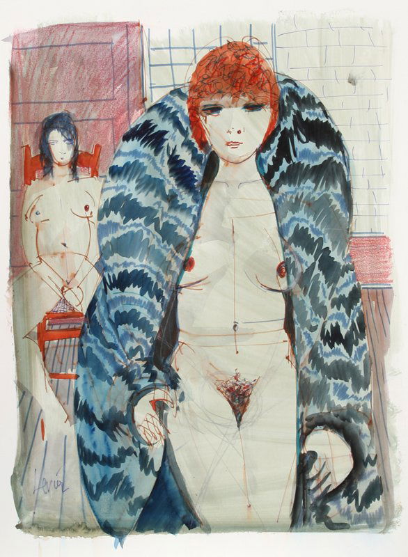 Charles Levier, Nudes in Fur II, Watercolor: Artist: Charles Levier, French (1920 - 2003) Title: Untitled - Nudes in Fur II Year: circa 1970 Medium: Watercolor Image Size: 22 x 16.5 inches Size: 28.5 in. x 22 in. (72.39 cm x 55.88 cm)