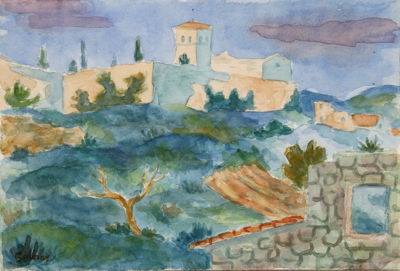Laurent Marcel Salinas, Village 77, Watercolor Painting: Artist: Laurent Marcel Salinas, French/Egyptian (1913 - 2010) Title: Untitled - Village 77 Year: circa 1951 Medium: Watercolor on paper, signed Size: 8.25 x 12 in. (20.96 x 30.48 cm)